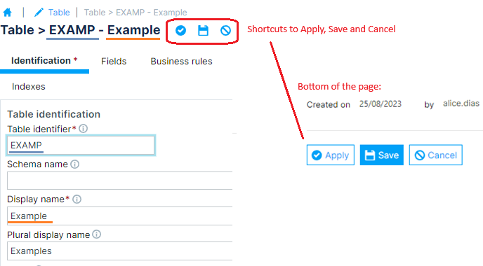 Save, Apply and Cancel of table edition on GenioWeb