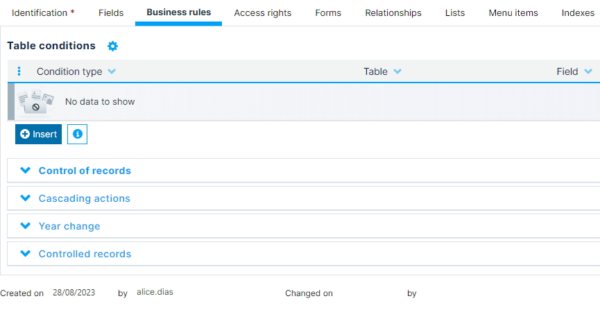 Business rules tab of Table creation on GenioWeb