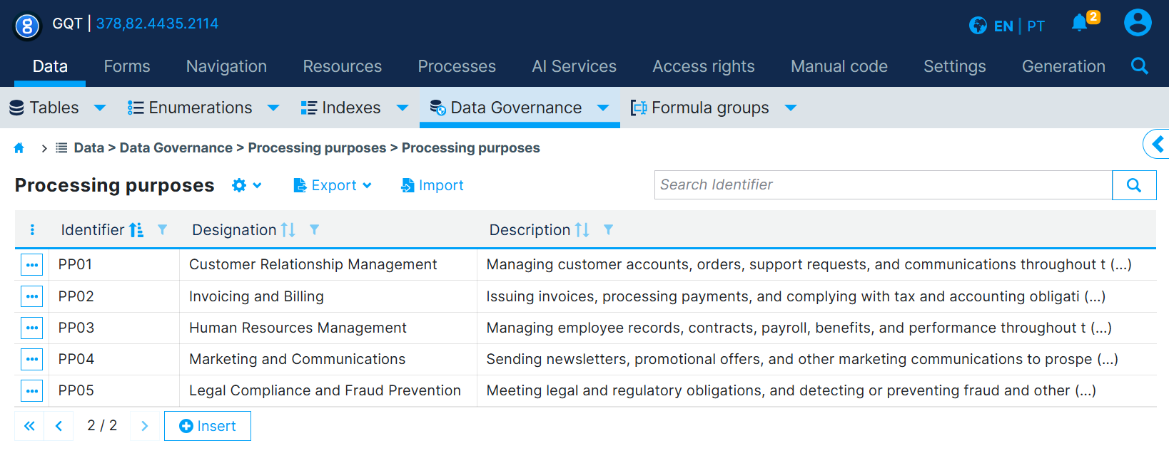 Processing purposes list