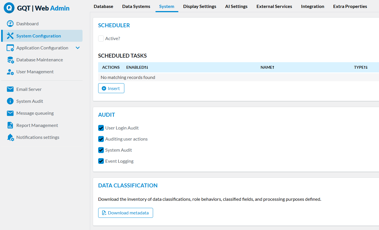 WebAdmin Data Classification metadata export