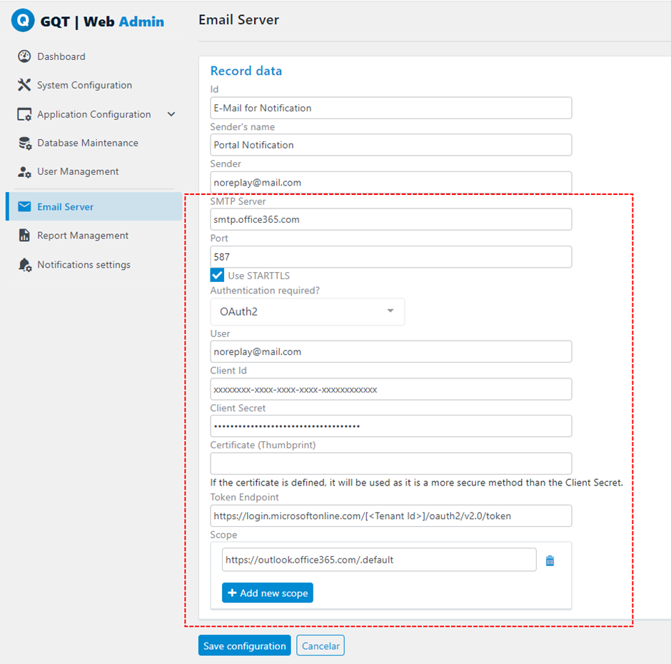 Email Server OAuth2 Config