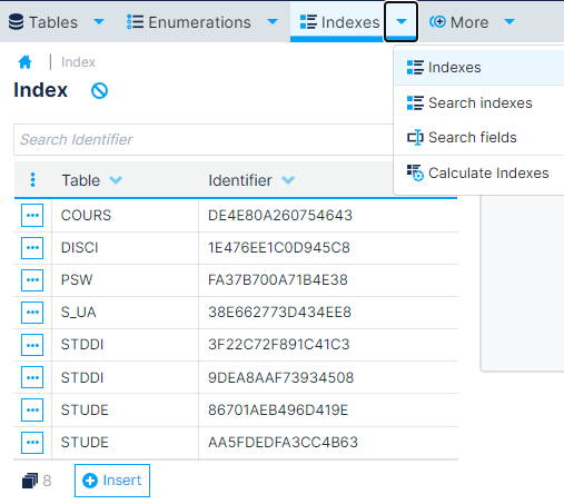 Indexes page on GenioWeb