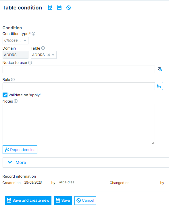 Form to set table conditions on GenioWeb